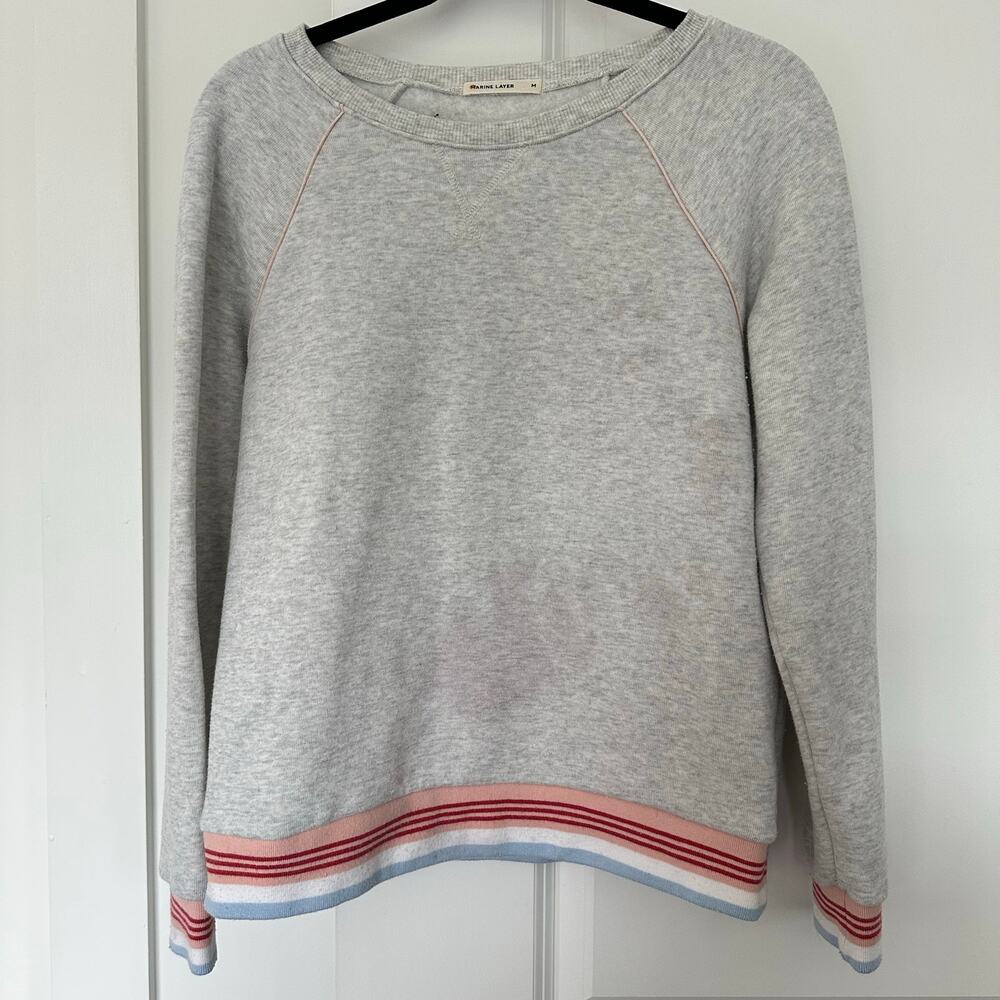 Marine Layer M Heather Gray Crewneck Sweatshirt Stripe Cuff Detail Dopamine Cozy